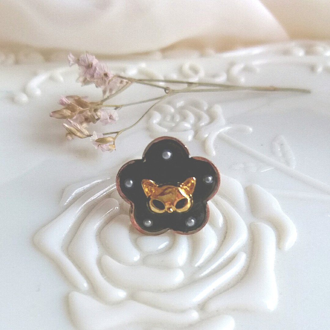 Cat Flower Ring A (Black, Free Size) - 戒指 - 树脂 黑色