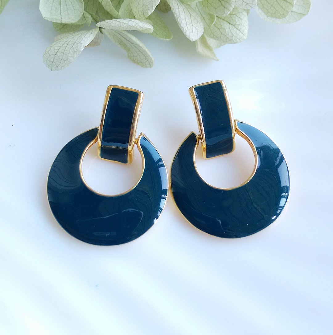 Vintage Jewelry 西洋古董饰品 经典 简约 深蓝珐琅 针式耳环 - 耳环/耳夹 - 其他金属 透明