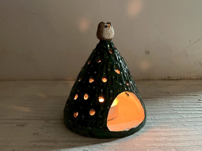 圣诞小树蜡烛烛台-猫头鹰和耶诞树(售完再制款)_陶饰烛台 - 蜡烛/烛台 - 瓷 绿色