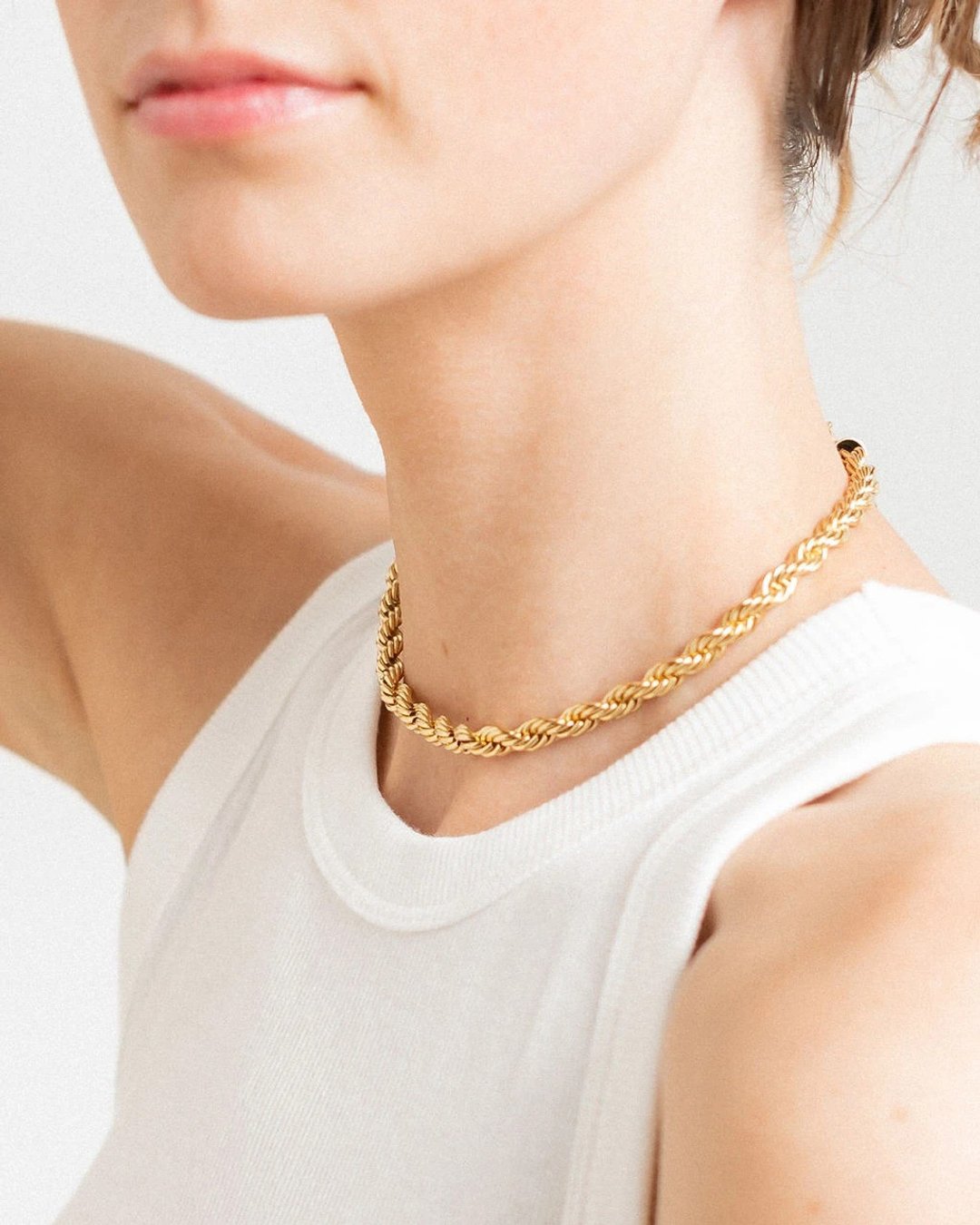新品! ANJI 18K 镀金 短粗款 麻花链 女 吊坠 项链 - 项链 - 不锈钢 黄色