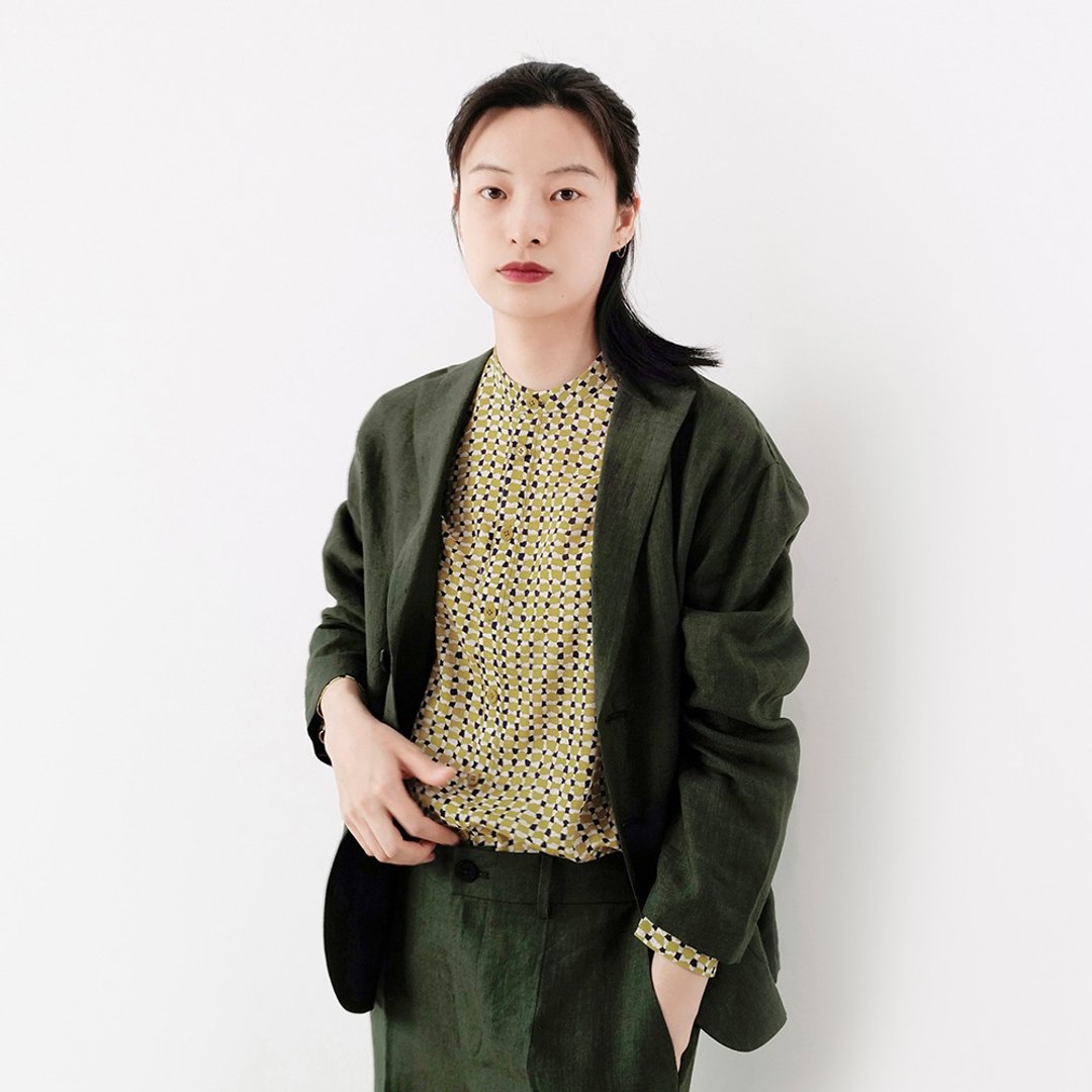 板栗研衣所 | 支线GM 丛林绿亚麻平驳领单层无里布休闲西服外套 - 女装西装外套/风衣 - 棉 