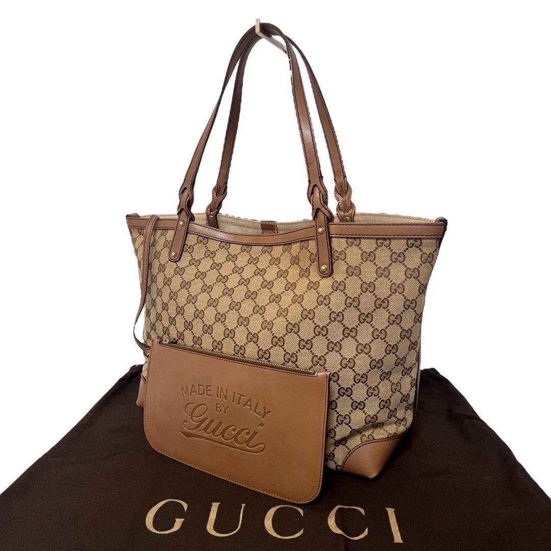 正品 GUCCI 古驰 托特包 收纳小包 GG帆布 皮革 米色 棕色 247209 二手 - 手提包/手提袋 - 其他材质 咖啡色