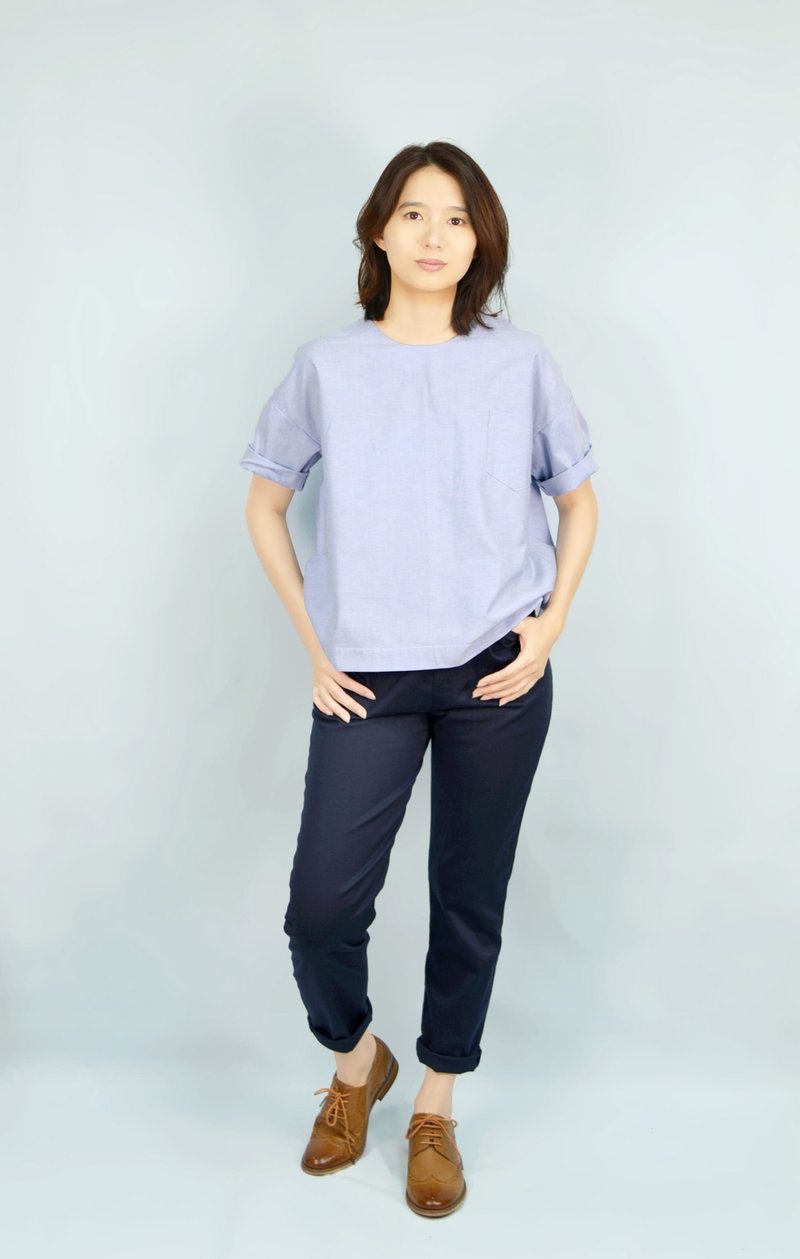 【HIKIDASHI】圆领落肩上衣。牛津水蓝 - 女装上衣 - 棉．麻 