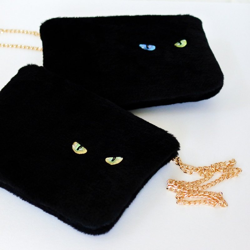 Black Cat Shoulder Bag Cat Eye Embroidery Faux Fur - 侧背包/斜挎包 - 压克力 黑色