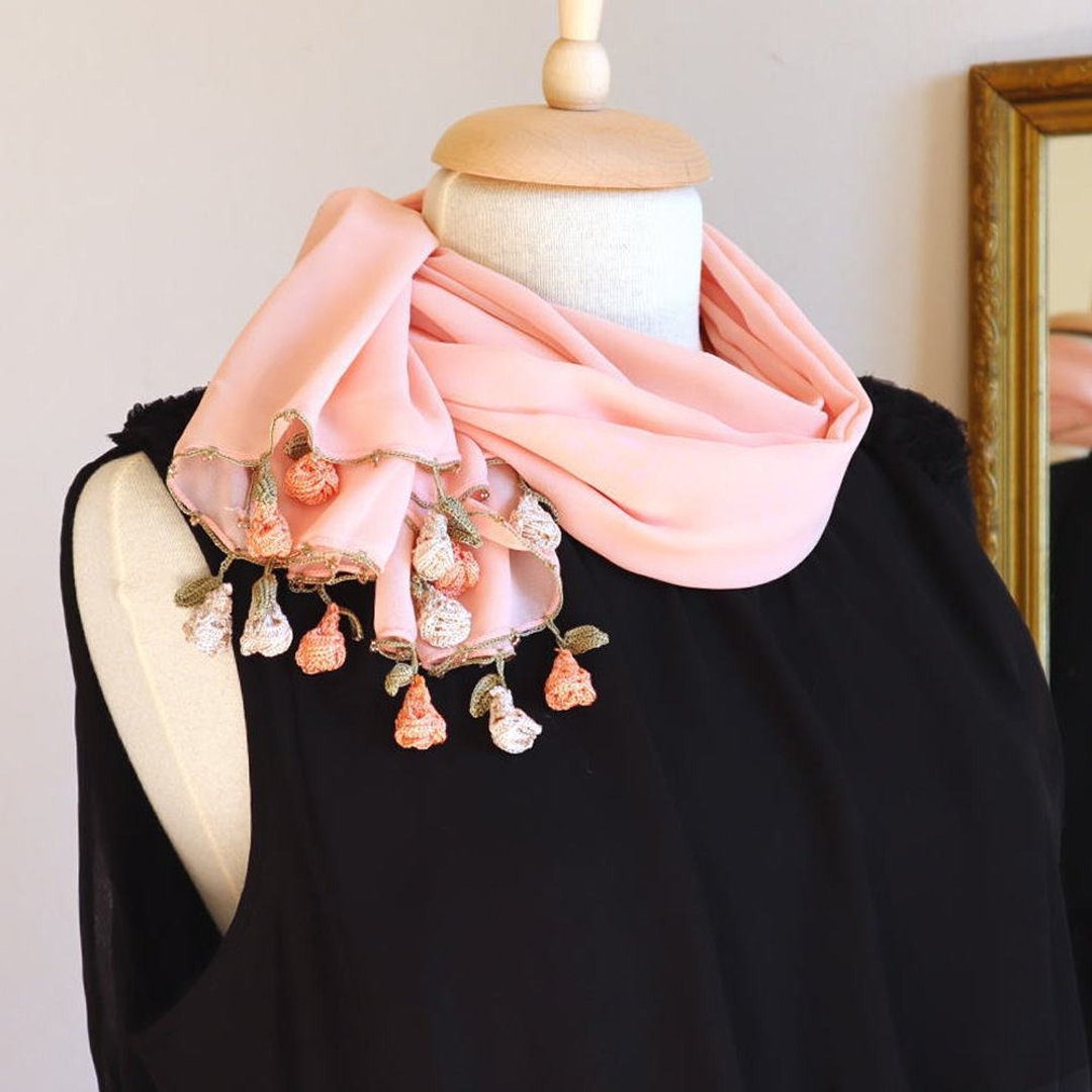 OYA crochet chiffon shawl  - ROSE - Sunset orange - 丝巾 - 羊毛 橘色