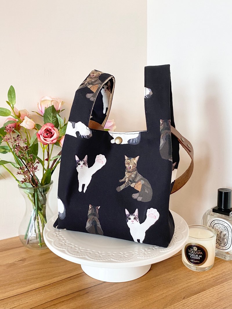 购物袋造型小手袋 连真皮肩背带 - 手提包/手提袋 - 棉．麻 黑色