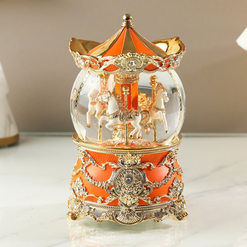 爱玛仕橙金旋转木马水晶球音乐盒灯光情人节生日圣诞交换礼物结婚 - 摆饰 - 其他材质 