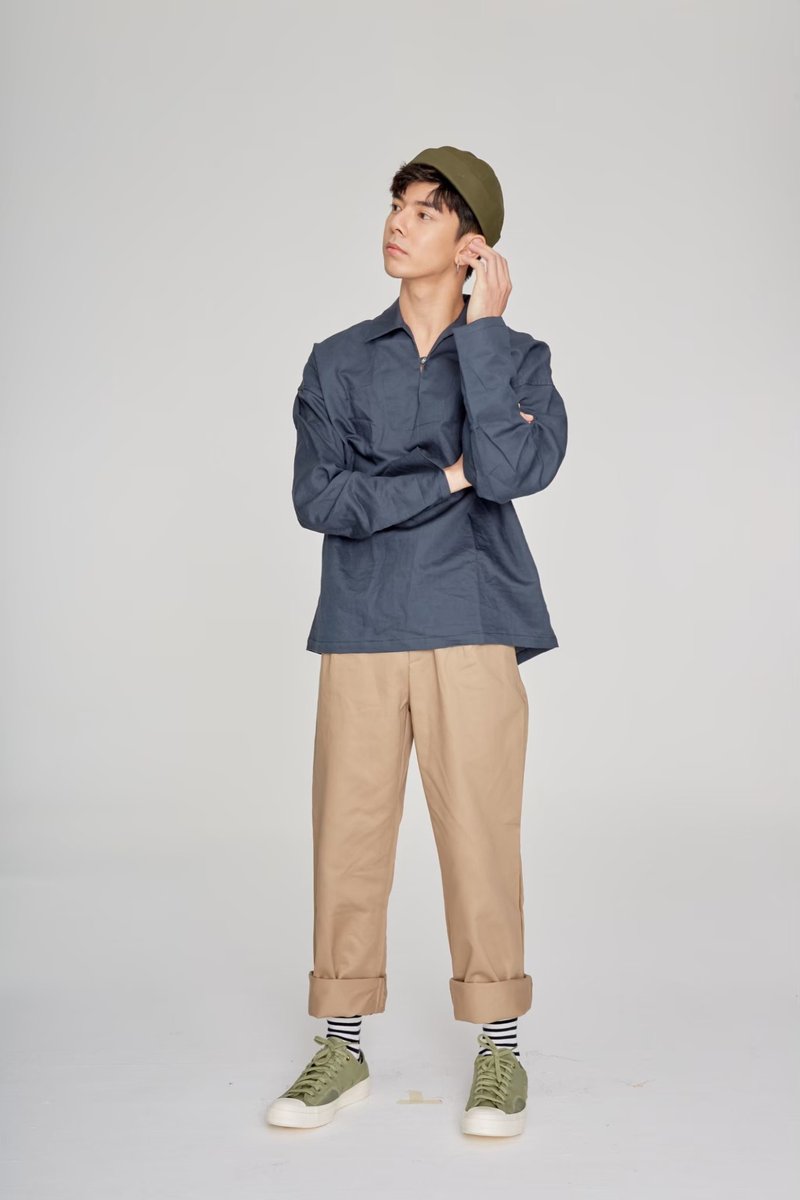 Oversized Linen Shirt - NAVY - 男装衬衫 - 棉．麻 蓝色