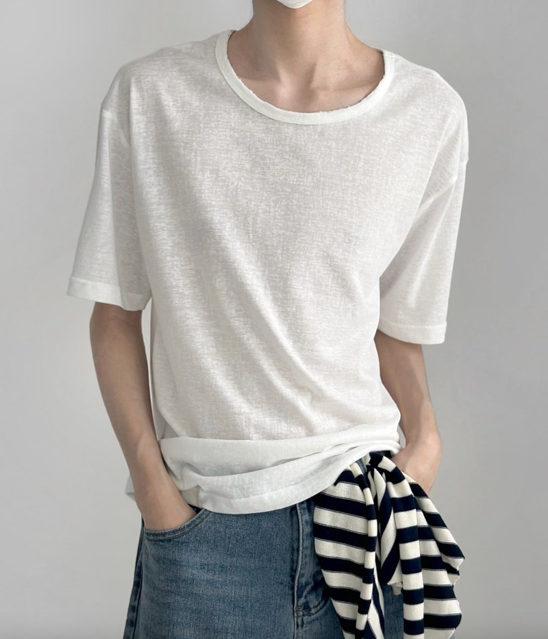 极简天丝麻 慵懒毛边设计短袖T恤 - 男装上衣/T 恤 - 其他材质 白色
