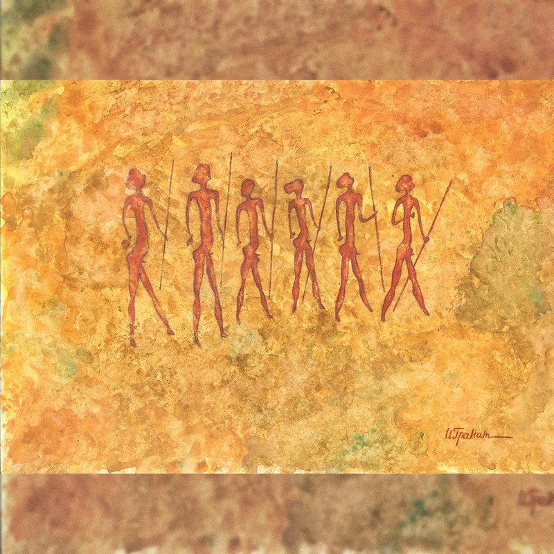 鹿狩猎绘画室内史前艺术水彩画结束粉彩画 - 海报/装饰画/版画 - 纸 橘色