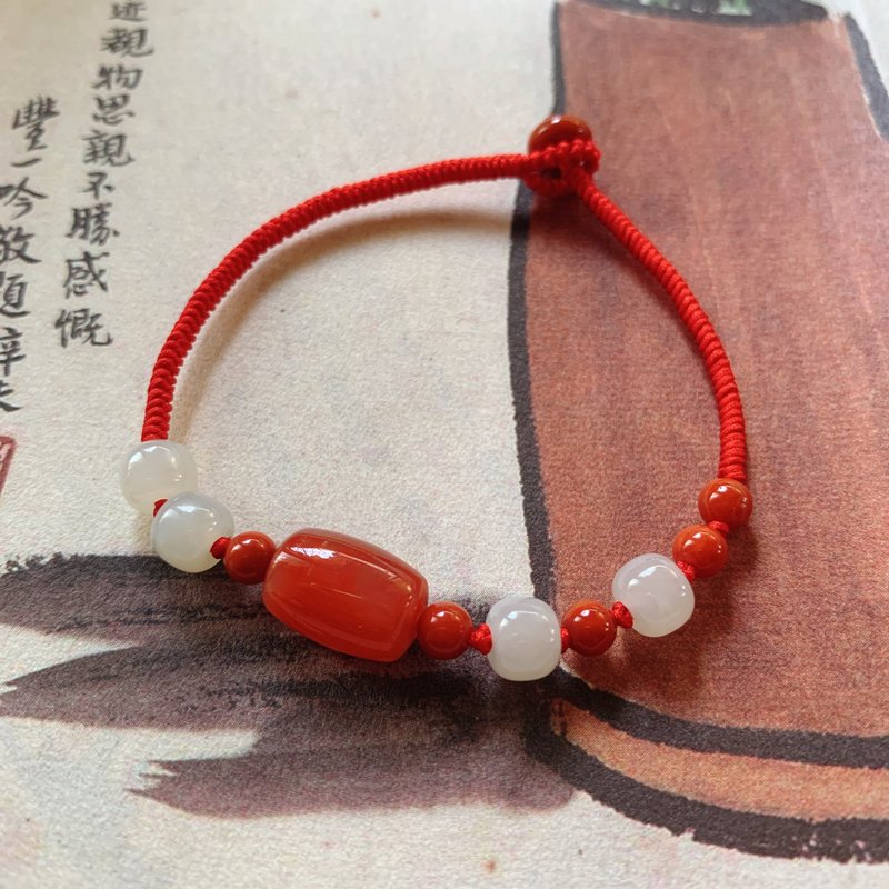 贺岁踏灯。天然南红桶珠复古编织手链 和田玉 玉石 新年文艺手绳 - 手链/手环 - 玉石 红色