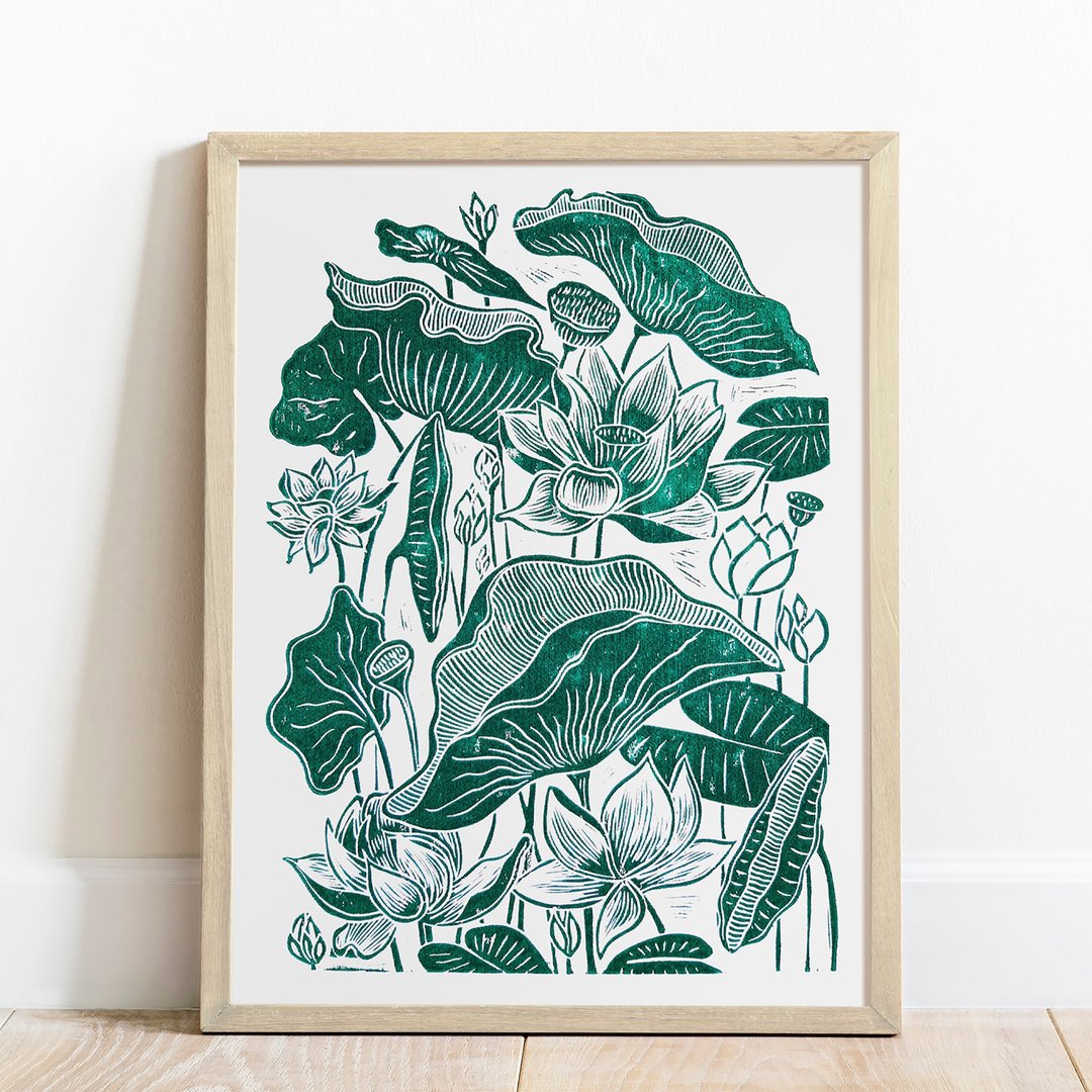 莲花油毡版画植物艺术原创艺术品壁挂装饰 - 墙贴/壁贴 - 纸 绿色