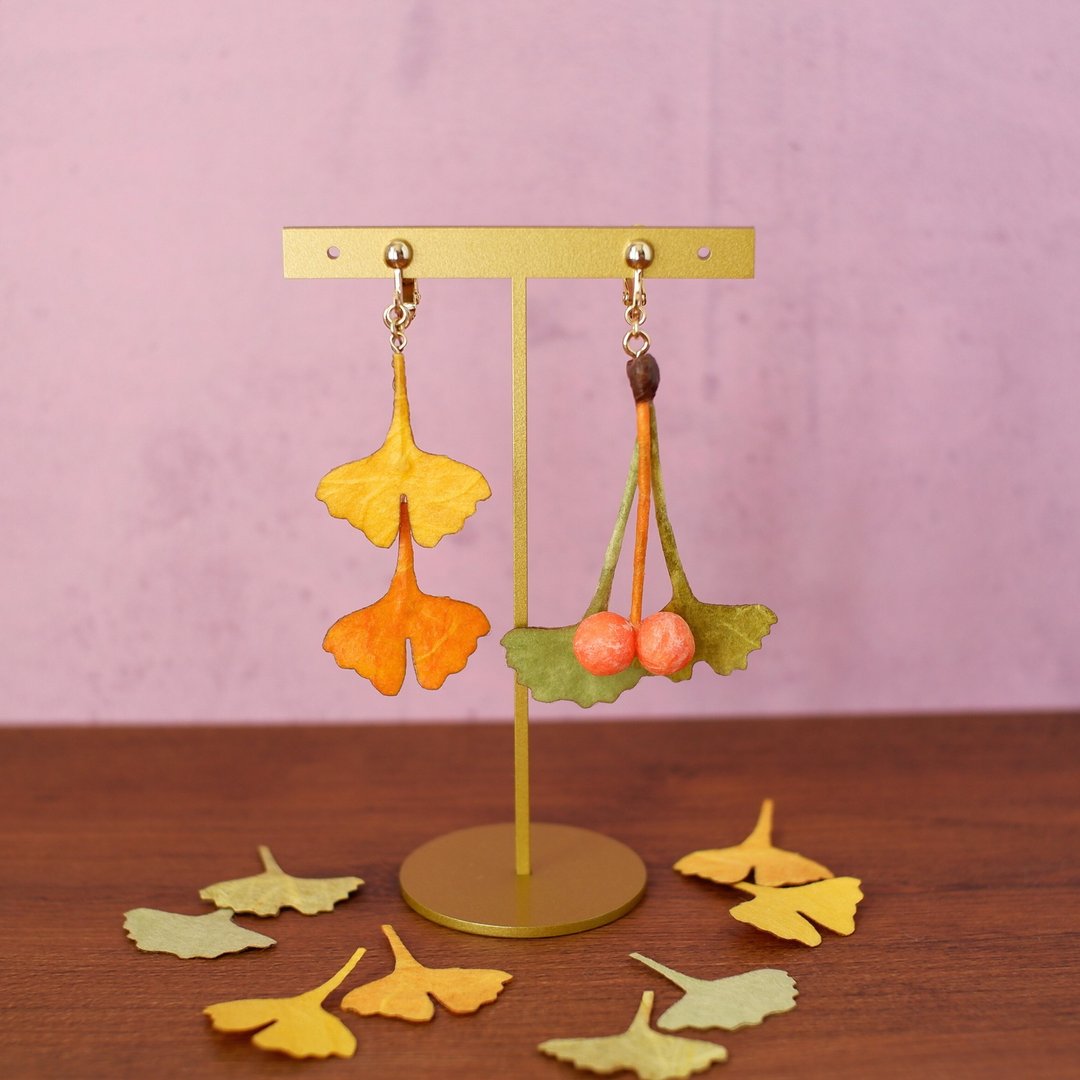 和纸植物饰品 银杏／银杏果 耳环．耳针 和纸饰品 - 耳环/耳夹 - 纸 黄色