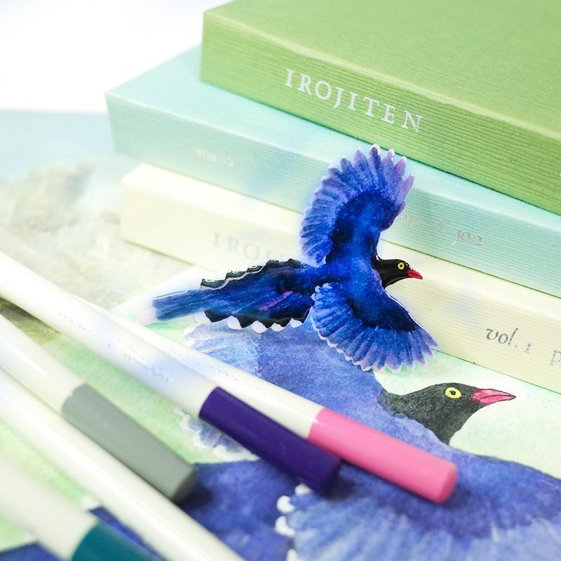 台湾特有种 台湾蓝鹊 绘画别针 胸针 - 胸针 - 防水材质 蓝色