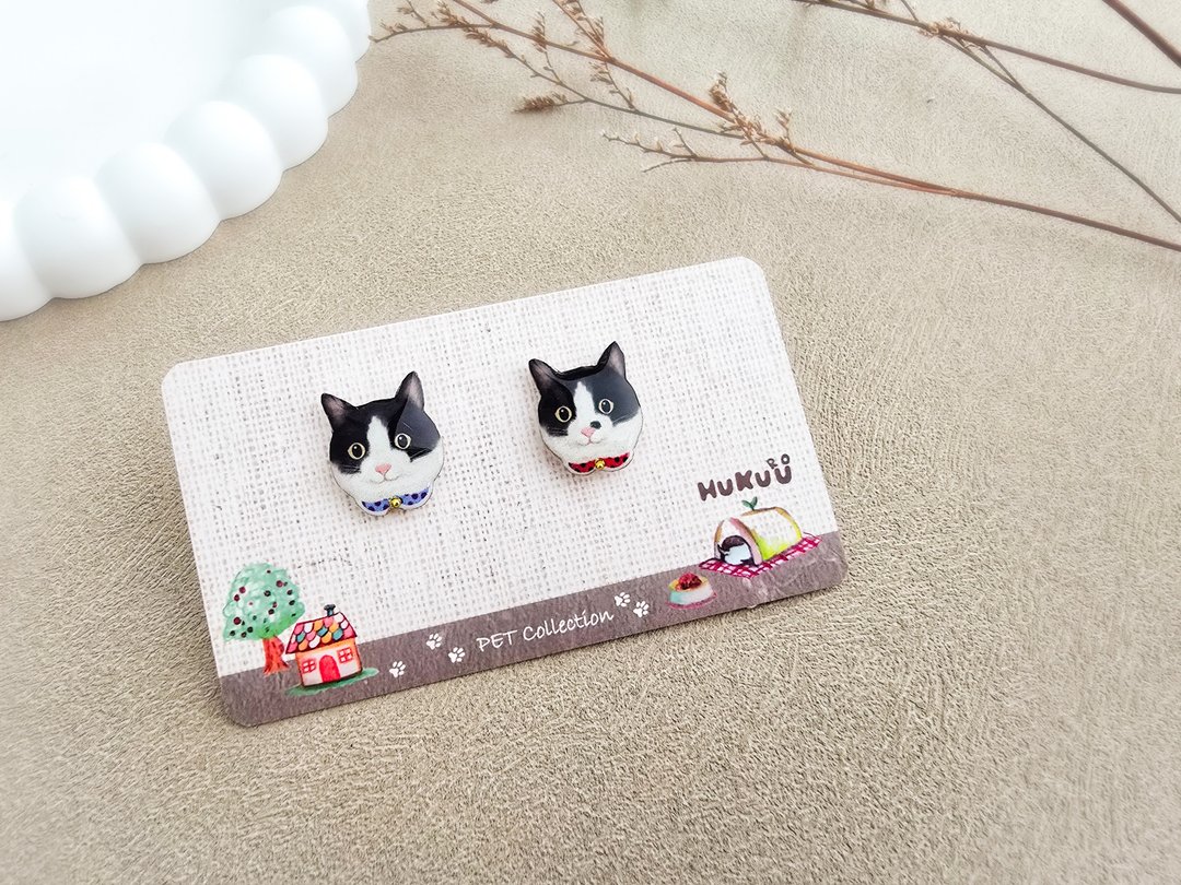 | 手绘宠物系列 | 奔驰猫+有志(痣)的猫耳环 - 耳环/耳夹 - 其他材质 