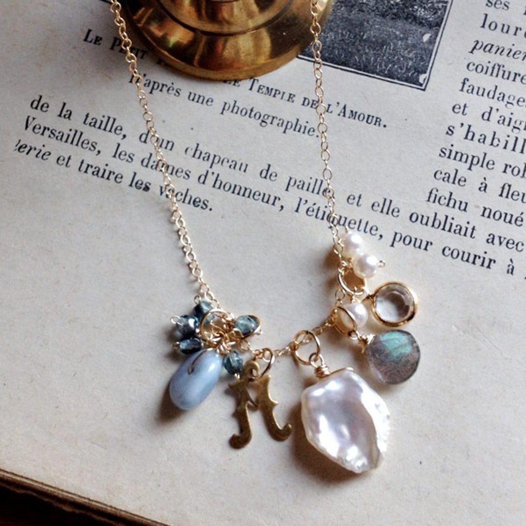 14 kgf natural stone x vintage parts 6 charm necklace - 项链 - 宝石 多色