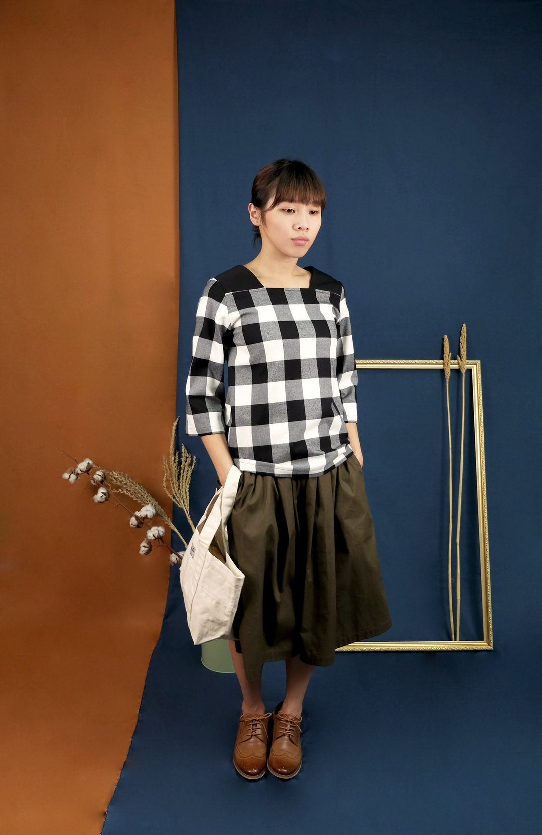 【现货M】方形领罩衫 黑白格纹 - 女装上衣 - 其他材质 多色