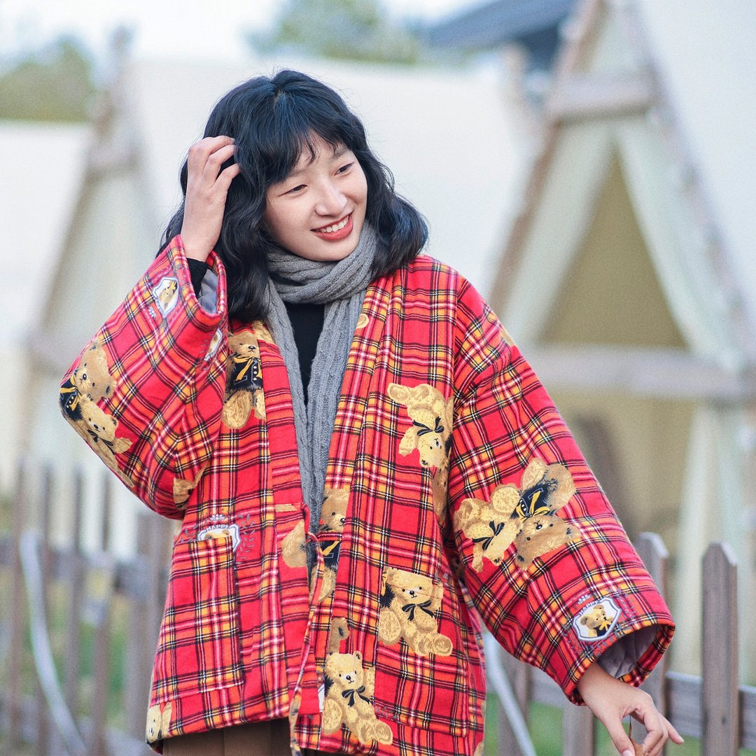 红格子小熊 日式和服道袍半缠棉服 - 女装上衣 - 羊毛 红色