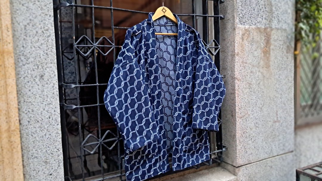 AMIN'S SHINY WORLD 麻绳丹宁满版提花KIMONO  Reversible ONLY系 - 男装外套 - 棉 蓝色