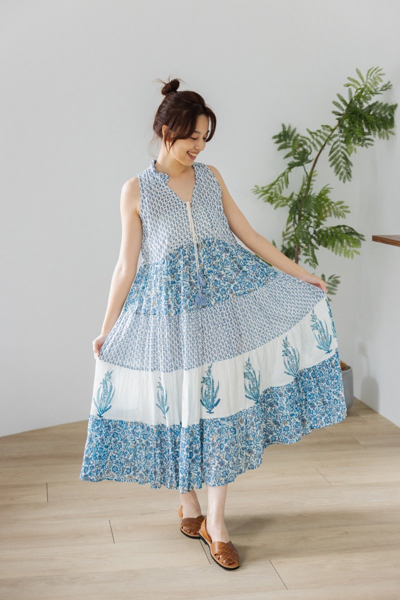 前绑带花领分层无袖洋装_蓝 - 洋装/连衣裙 - 棉．麻 