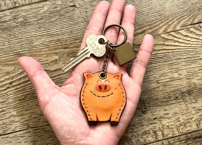 POPO│双面两色│小猪皮革钥匙圈 leather - 钥匙链/钥匙包 - 真皮 橘色