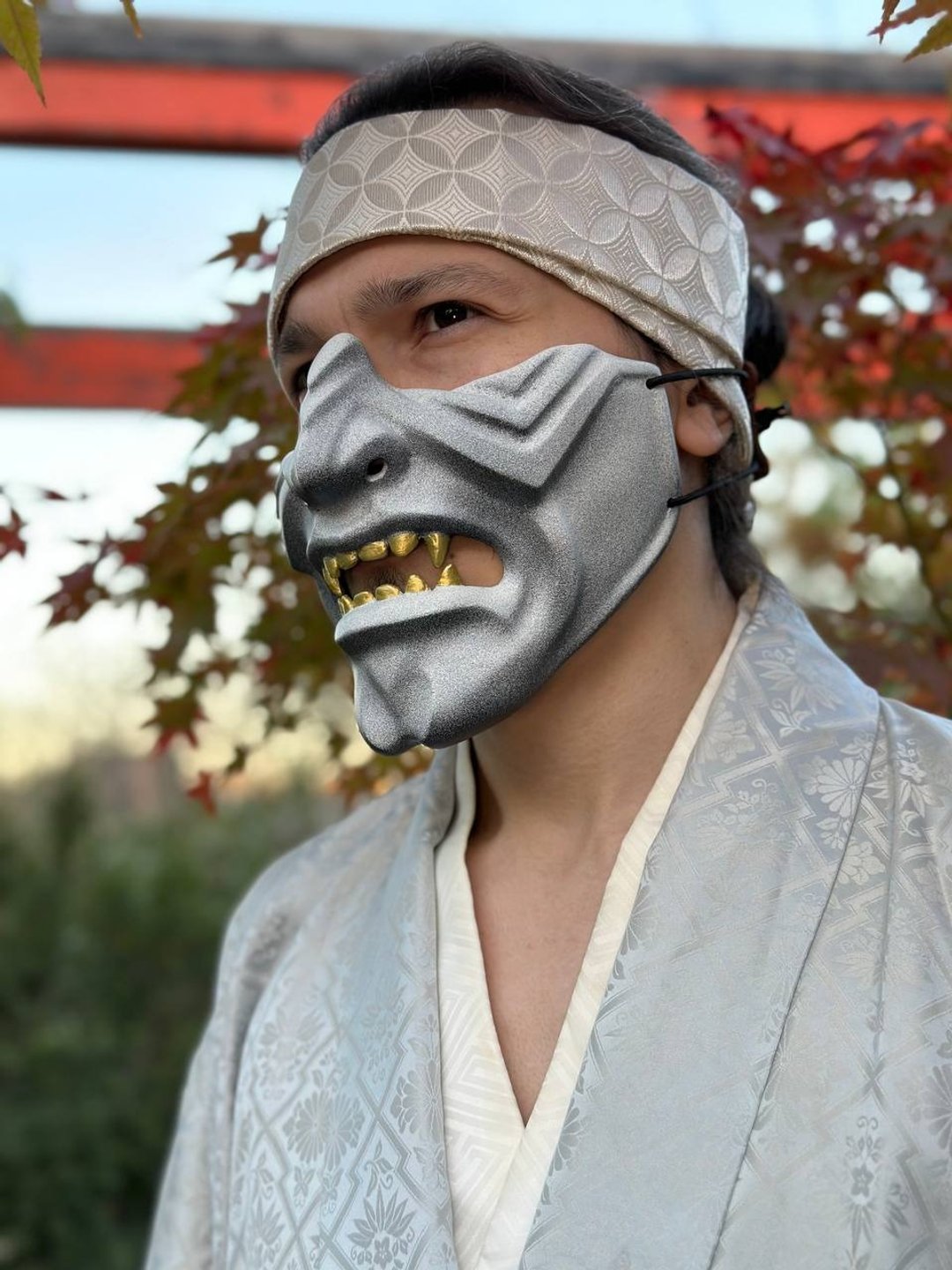 武士面具，日本 Mempo 面具，半脸鬼面具 cosplay - 口罩 - 树脂 白色