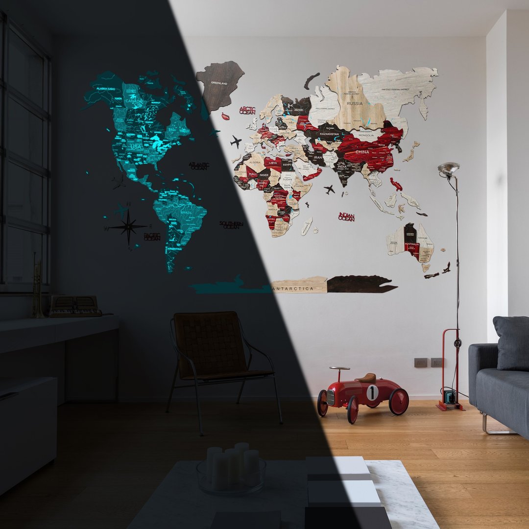 独特的挂图、公寓装饰、磁性彩色地图、木制世界地图 - 墙贴/壁贴 - 木头 咖啡色