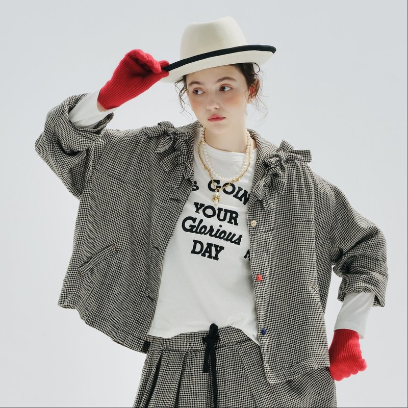 千鸟纹复古棉纹西服衬衫 / 外套 - 女装衬衫 - 棉．麻 灰色