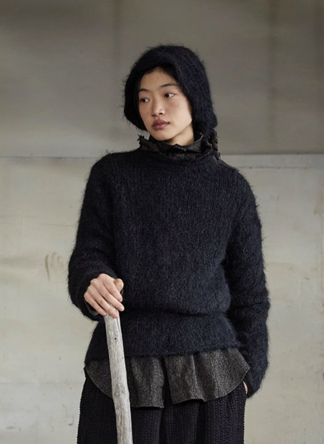 黑 针织羊驼毛上衣 修身极简毛衣 - 女装针织衫/毛衣 - 羊毛 黑色