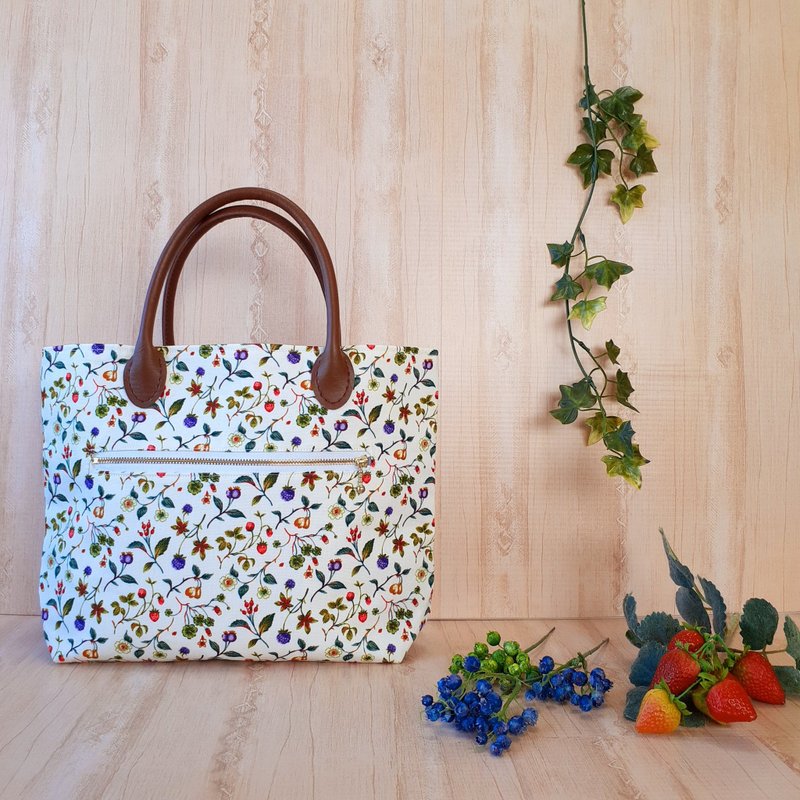 棕色 手提包 小碎花图案 水果图案 迷你托特包 春季 木本植物 草本植物 提把坚固的包款 附拉链口袋 提把为合成皮革 - 手提包/手提袋 - 棉．麻 