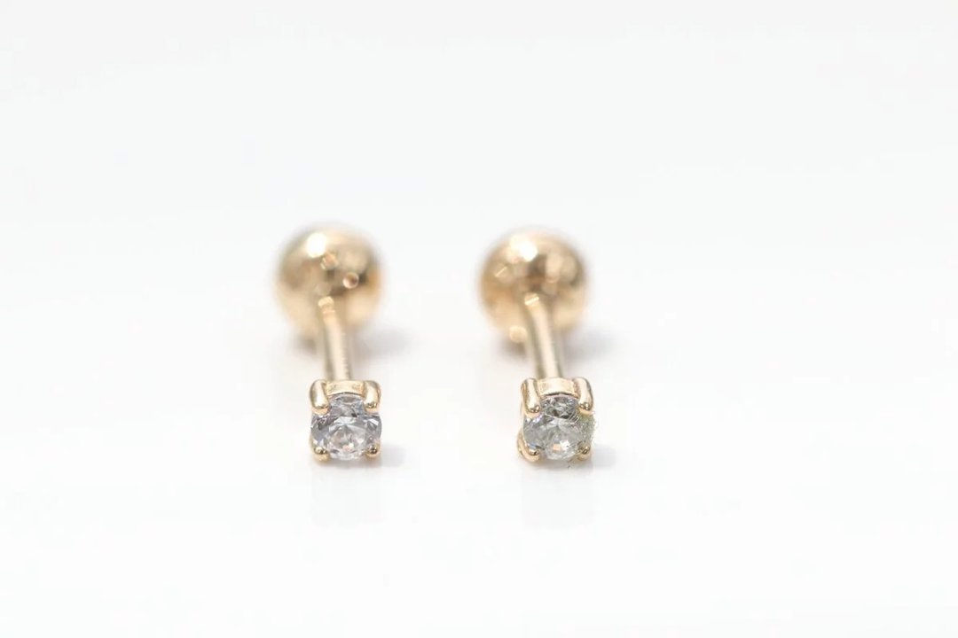 14K 圆钻锁珠耳环 (2mm) (单个)耳骨 耳窝 不退色 - 耳环/耳夹 - 贵金属 金色