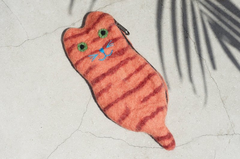 限量一件 天然羊毛毡小物袋 / 羊毛毡收纳袋 / 零钱包 / 悠游卡套 / 钱包 - 橘红色条纹猫咪 - 零钱包 - 羊毛 橘色