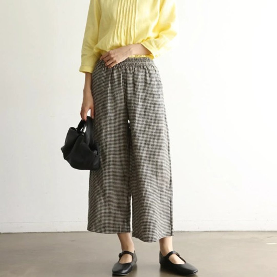 棉麻格纹宽裤  自然系休闲长裤 宽松舒适  透气亲肤 240609-1 - 女装长裤 - 棉 