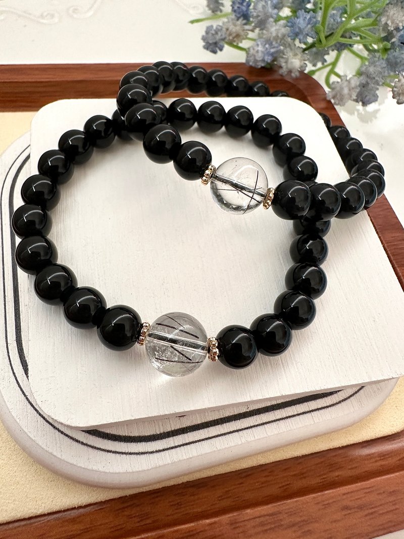 心忱-透体大颗黑发晶 黑曜石 稳定自身能量 抵挡负面坏东西 - 手链/手环 - 水晶 黑色