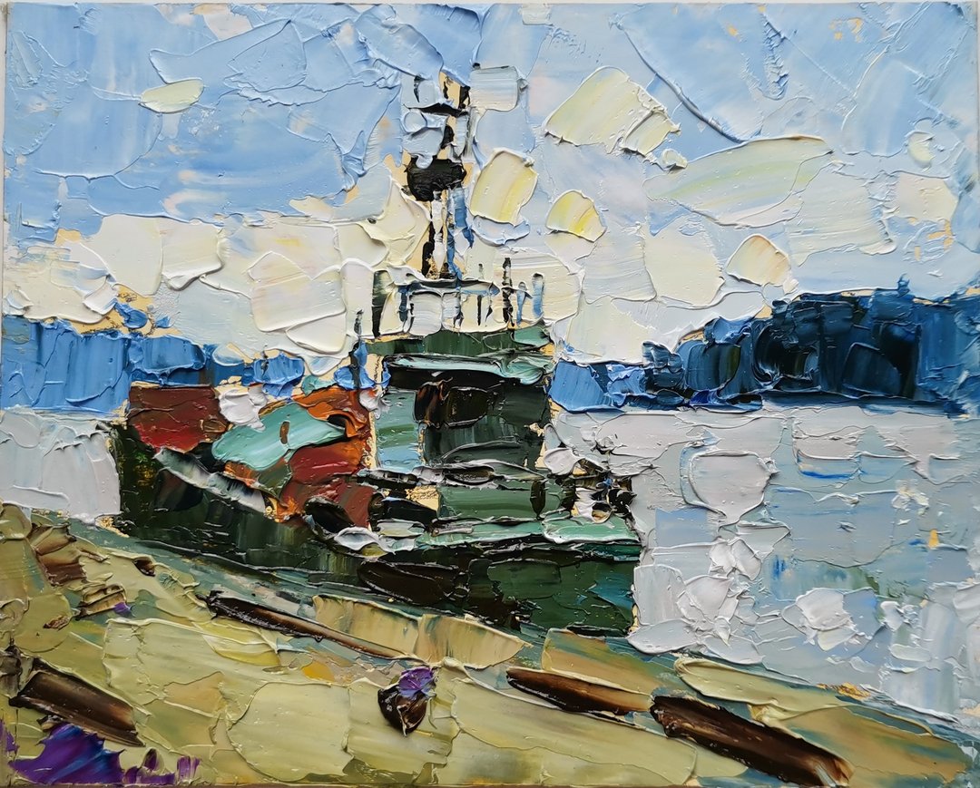 船舶 手工油畫 油畫 掛畫 微型油画 微型绘画 - 海报/装饰画/版画 - 其他材质 灰色