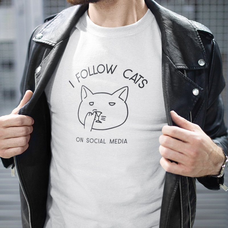 FOLLOW CATS 男女中性短袖T恤 白色 追踪猫咪社区毛小孩礼物文青 - 男装上衣/T 恤 - 棉 白色