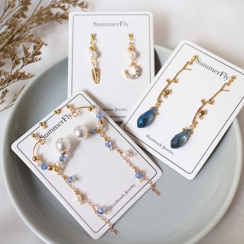 【福袋】任选2对—14k注金轻珠宝珍珠施华洛世奇水晶垂坠耳环 - 耳环/耳夹 - 铜/黄铜 蓝色