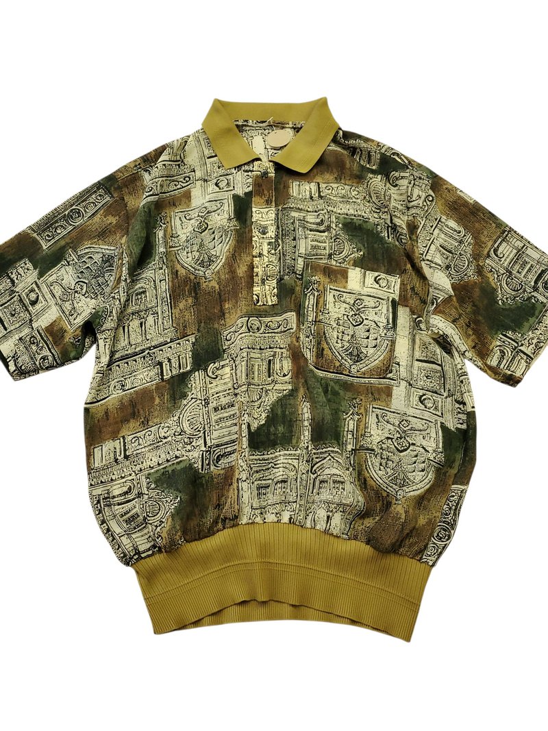 日本古着 雪纺 欧洲建筑图腾 大地色 polo杉 M号 近全新 - 男装衬衫 - 棉．麻 多色