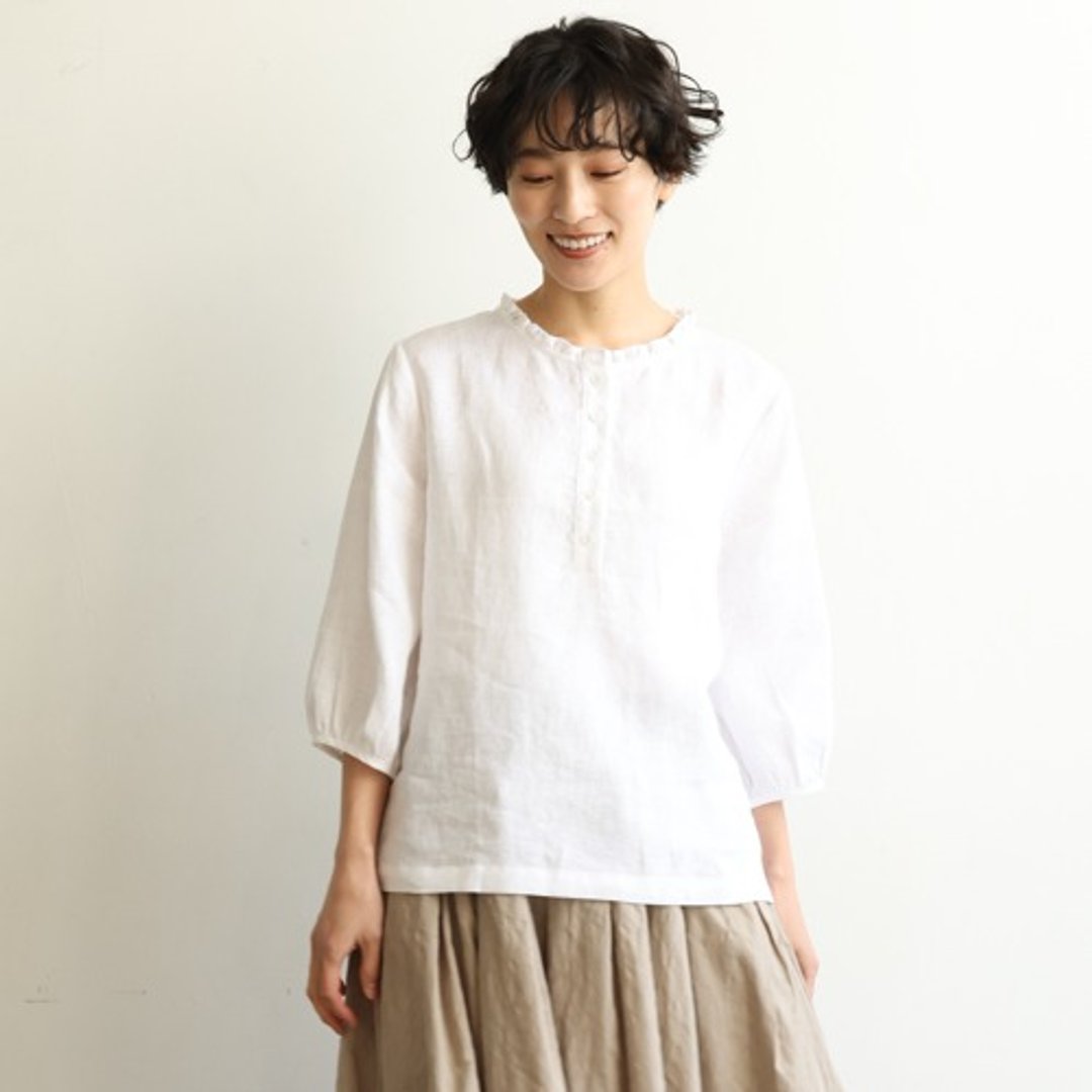 简约大人风可爱感 100 亚麻荷叶领上衣 轻盈透气  白色240323-1 - 女装衬衫 - 棉 
