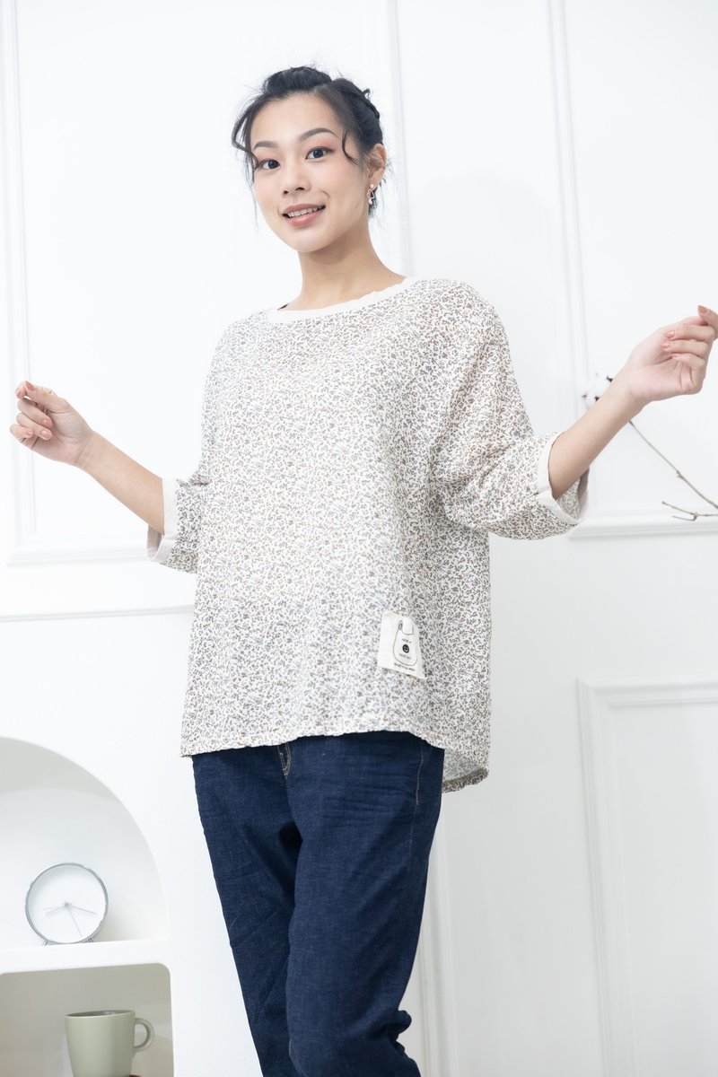 砖红碎花拼接米色领口布徽上衣 白色 - 女装上衣 - 其他材质 白色