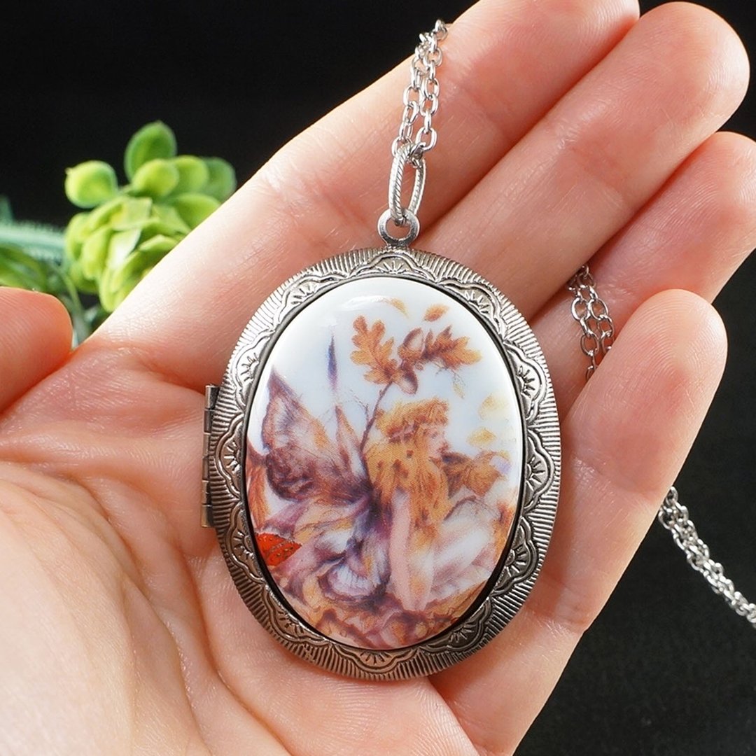 Orange Fairy Photo Locket Porcelain Cameo Oval Silver Pendant Necklace Jewelry - 项链 - 瓷 橘色