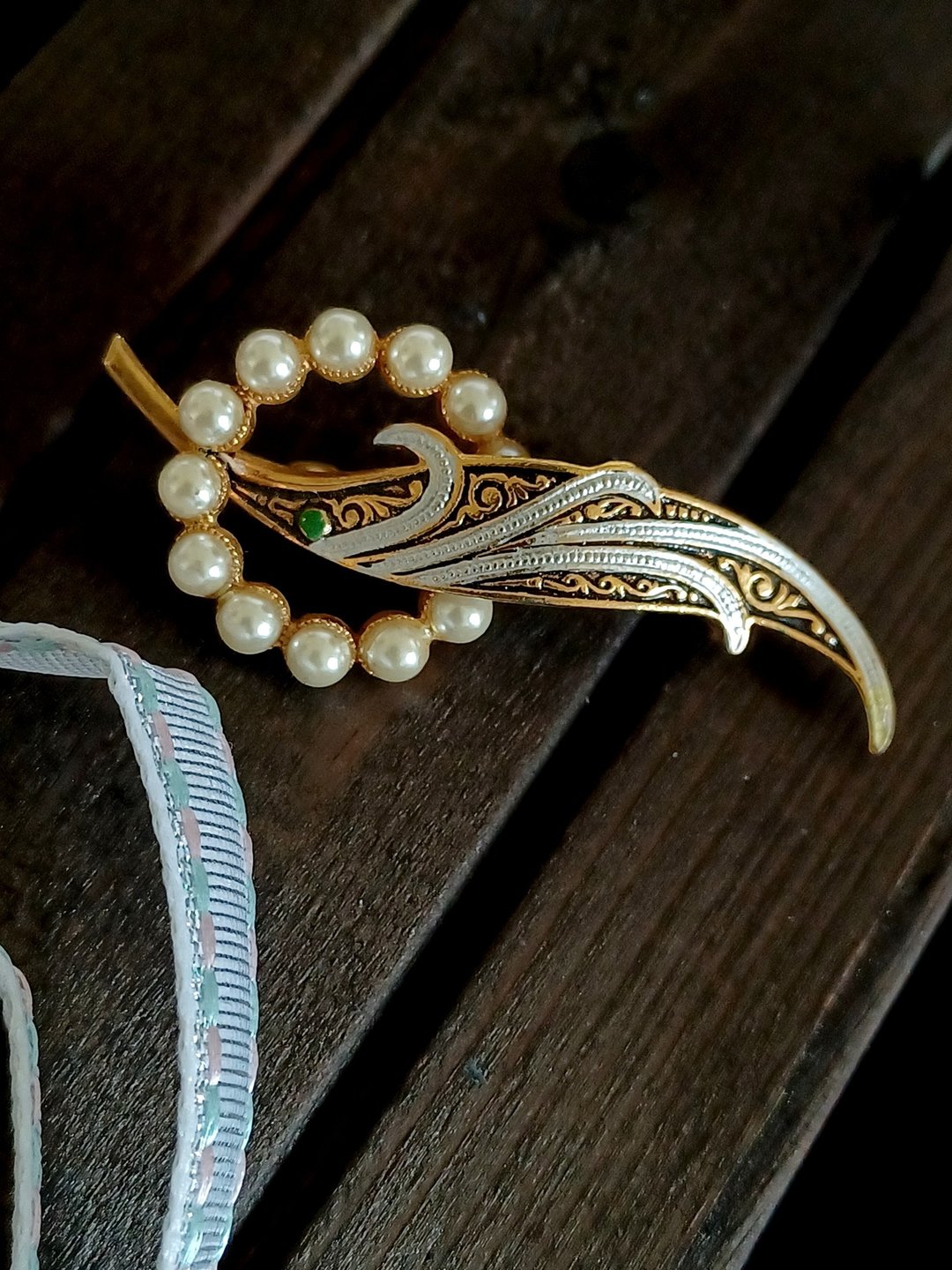 vintage jewelry 西班牙 大马士革镶嵌工艺 珍珠柳叶 别针 - 胸针 - 其他金属 