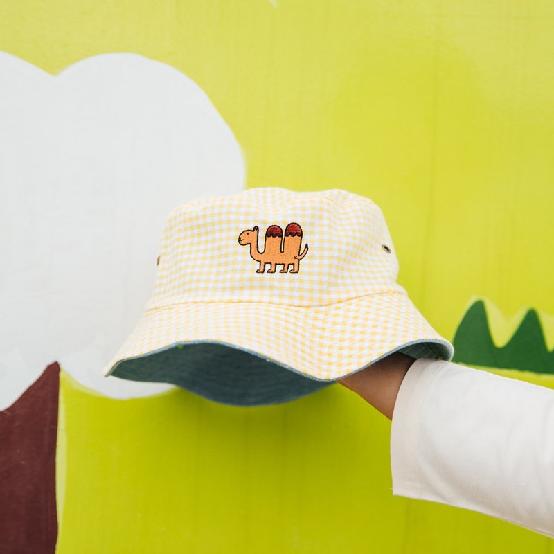 黄格纹刺绣渔夫帽 沙漠骆驼 双面可戴 - 帽子 - 棉．麻 黄色