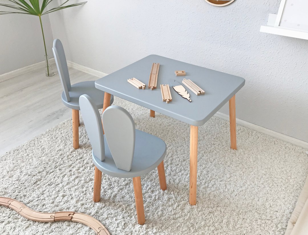 Set 1 or 2 bunny chair and 1 table, bunny chair, wooden chair bunny - 儿童家具 - 木头 灰色