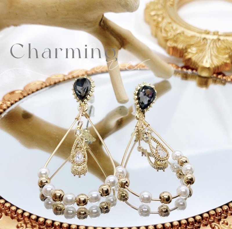 |华丽典雅| Charming - 气质珍珠水滴皓石耳环 - 耳环/耳夹 - 其他金属 金色