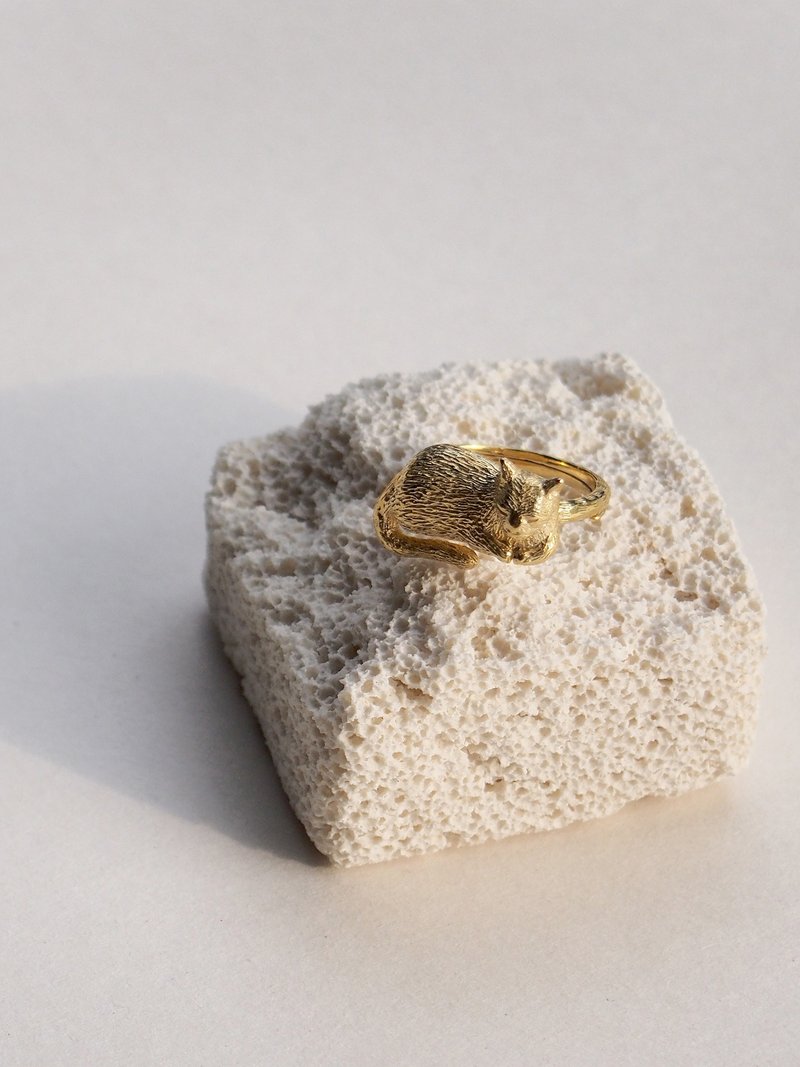 猫咪梦境戒指，925纯银，猫咪戒指，银猫戒指，堆叠戒指 - 戒指 - 其他材质 金色