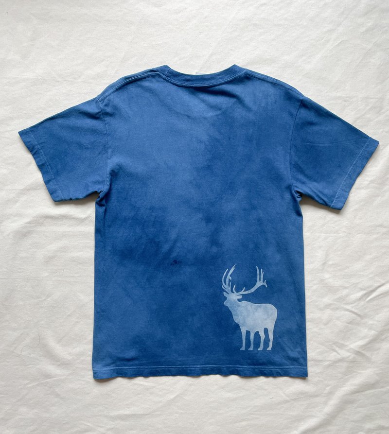 Japanblue 蓝染 满月与鹿 Indigo dyed 蓝染 Moon Deer 绞染 shibori - 中性连帽卫衣/T 恤 - 棉 蓝色