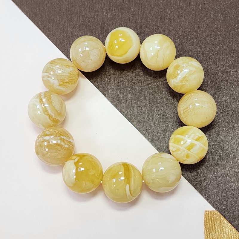 传家级天然白花蜜蜡手链 19-20mm+ 大珠径 妖孽溶洞纹虎斑纹 - 项链 - 半宝石 黄色