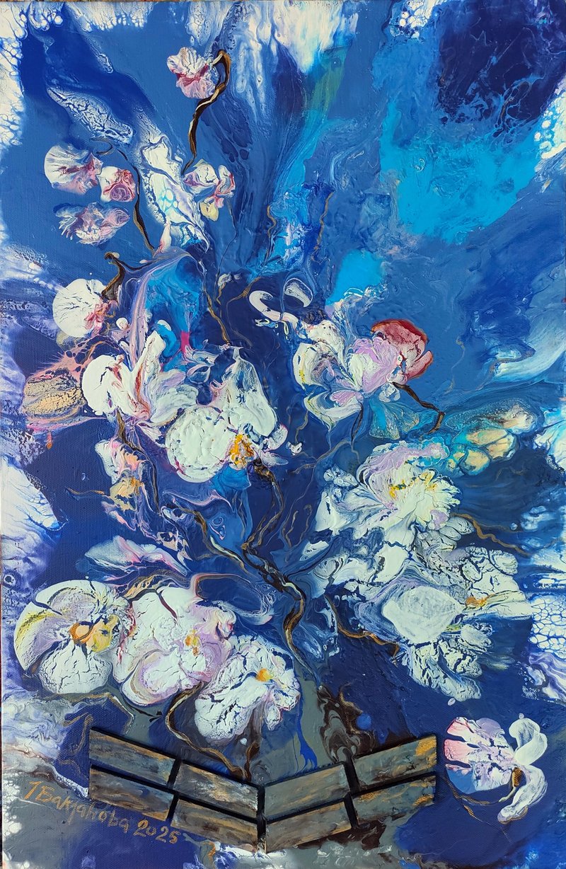 白色兰花 独一无二的抽象花卉艺术原创绘画流体艺术装饰 - 墙贴/壁贴 - 其他材质 蓝色