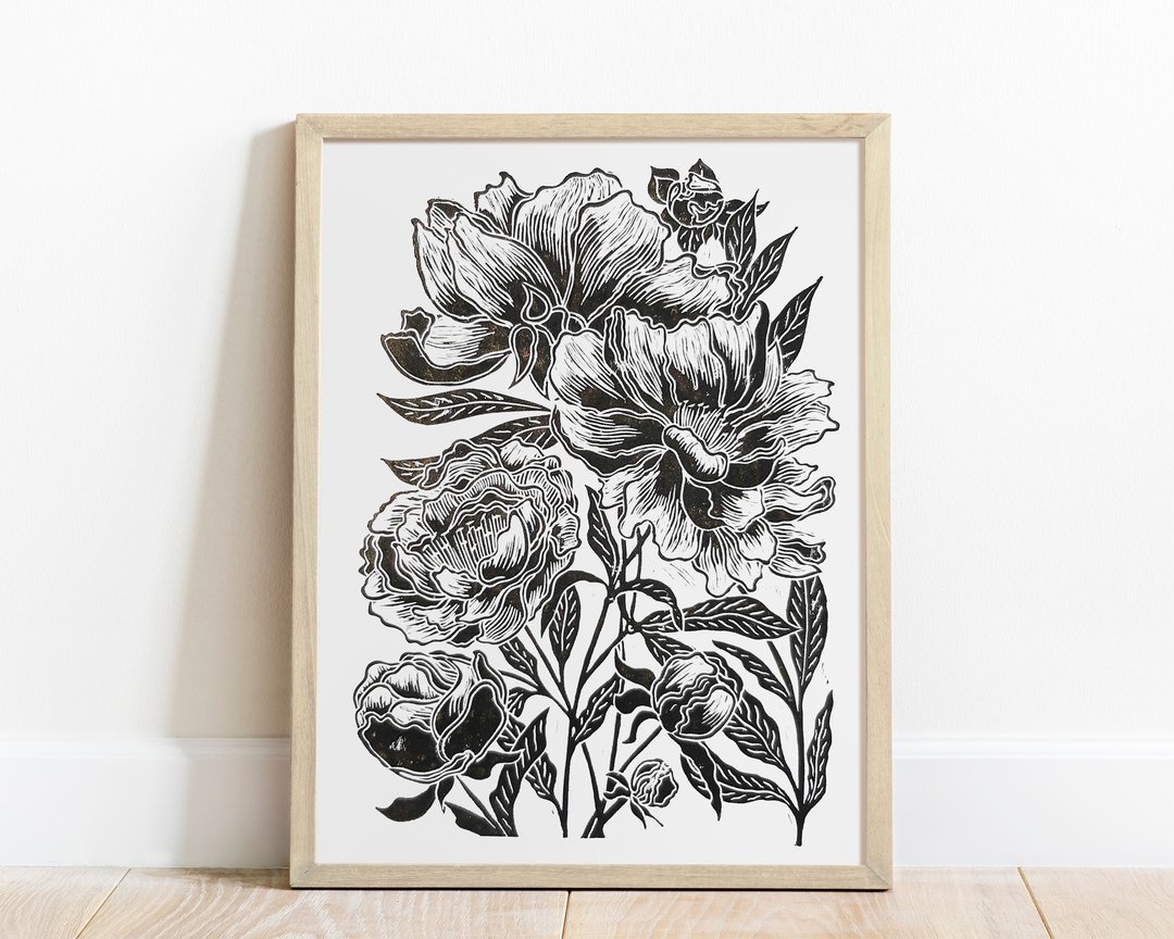 Linocut 印花黑牡丹花乔迁礼物植物插画艺术 - 海报/装饰画/版画 - 纸 黑色